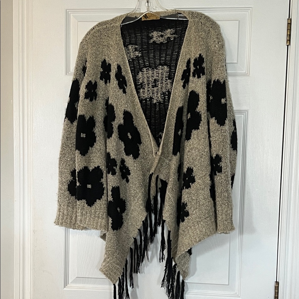 4/$20 Floral Knit Poncho - Black and Tan